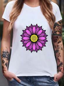 Women's Shirt With Purple Floral Design: Colorful Floral Print T-Shirt - 白色 - 查看 7