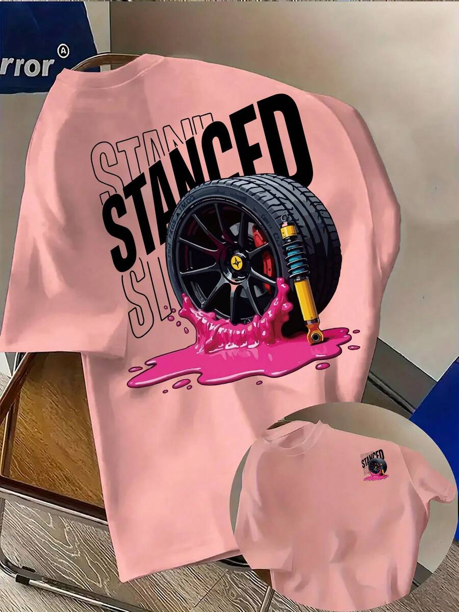Oversized T ShirtMen's Fashion "Stanced" Hot Rod Print T-Shirt - Simple Casual Crew Neck Short Sleeve Tee, Machine Washable Summer Apparel, Suitable For Summer And Year-Round Wear, Ideal For Daily Casual, Home, And Outdoor UseShort Sleeve T-Shirt, Top For Woman Summer Outfits For Women Summer Tops Vacation Outfits WomenSpring Layering, Casual Tops, Ba - 粉色 - 查看 1
