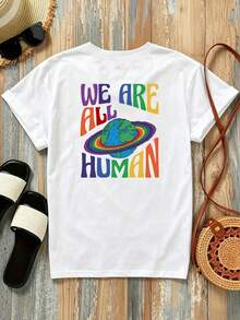 New 180g Short-Sleeved T-Shirt, 1% Cotton, With Prints On The Front And Back - WE ARE ALL HUMAN, Earth - Fashionable Printed T-Shirt For Women, Short-Sleeved, Suitable For All Seasons, Modern Clothing - Can Be Worn As A Base Layer In Spring And Autumn Or Alone In Summer, Unisex. - 白色 - 查看 2