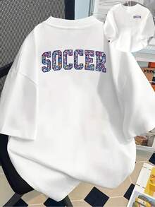 New 180g Short-Sleeved T-Shirt, 1% Cotton, With Front And Back Prints - FOOTBALL Theme - Fashionable Printed T-Shirt For Women, Short-Sleeved, Suitable For All Seasons, Modern Clothing - Can Be Worn As A Base Layer In Spring And Autumn Or Alone In Summer, Unisex. - 白色 - 查看 1