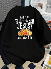 New 180g Heavyweight Short-Sleeved T-Shirt, % Cotton, With Front And Back Prints - Halloween Jesus, Thanksgiving Theme - Fashionable Printed T-Shirt For Women, Spring/Summer, Fashionable Item, Versatile And Casual - Suitable For Layering In Spring And Autumn, Or As A Summer Top, Unisex. - 黑色 - 查看 2