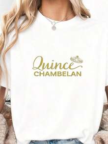 Quince Chambelan & Elegant Gold Crown, Women's Short-Sleeved T-Shirt With Elegant Text, Comfortable, Soft And Lightweight Fabric, Ideal Gift For Quinceañera Enthusiasts Or Lovers. 100% Cotton. - 白色 - 查看 11