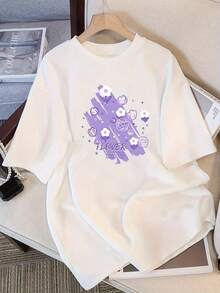 Modern And Minimalist Summer T-Shirt For Women, Korean Style - Short-Sleeved Top With Simple Floral And Figure Prints, Pure White Shirt For Casual Wear, Suitable For Warm Weather, Everyday Casual Wear. - 白色 - 查看 1