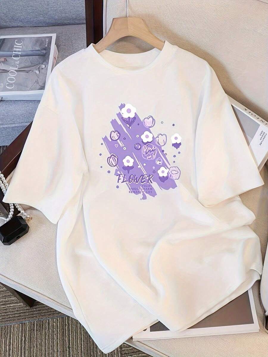 Modern And Minimalist Summer T-Shirt For Women, Korean Style - Short-Sleeved Top With Simple Floral And Figure Prints, Pure White Shirt For Casual Wear, Suitable For Warm Weather, Everyday Casual Wear. - 白色 - 查看 1