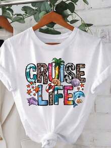 1 pieza Camiseta de manga corta con cuello redondo y estampado de letras "Cruise Life" para mujer, estilo veraniego, 180g Algodón 100% - Negro 3 - Ver 1