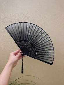 優雅復古中日風竹製摺扇附流蘇 - 夏季便攜手扇，適用於婚禮、派對、送友禮物、開學季、夏季降溫及居家裝飾，黑白花卉圖案設計 - 多色 - 查看 1