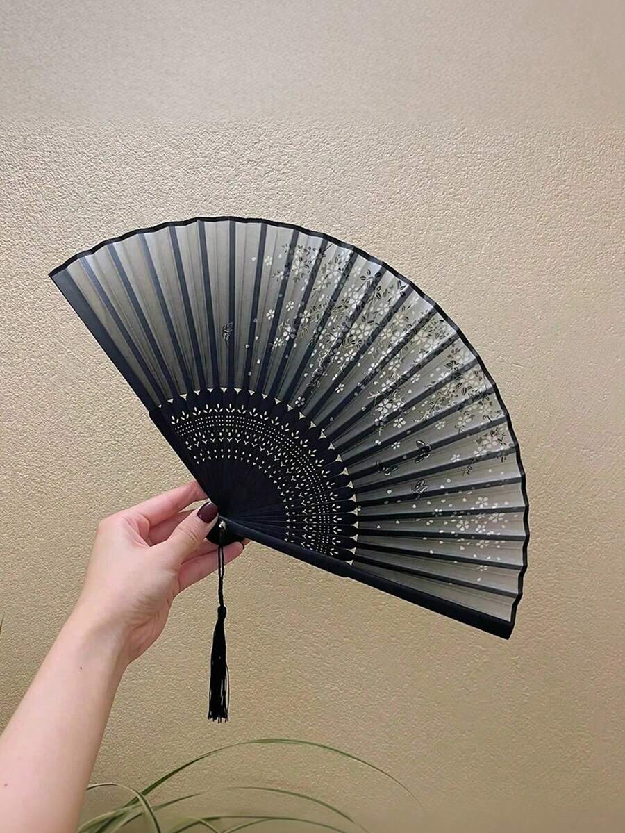 優雅復古中日風竹製摺扇附流蘇 - 夏季便攜手扇,適用於婚禮、派對、送友禮物、開學季、夏季降溫及居家裝飾,黑白花卉圖案設計 - 多色 - 查看 1