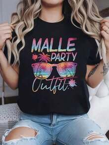Malle Party Outfit Graphic Print T-Shirt, Short Sleeve, Round Neck, Casual Top For Summer And Spring, Women's Clothing - 黑色 - 查看 1
