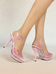 Summer New Transparent Crystal Thick Bottom Wedge Slippers, Goddess Style Increased Height Outdoor Wear High Heel Slippers, Elegant Atmosphere Hate Slippers, Model Catwalk Nightclub Photo Exclusive Increased Height Women Sandals - Pink - View 3
