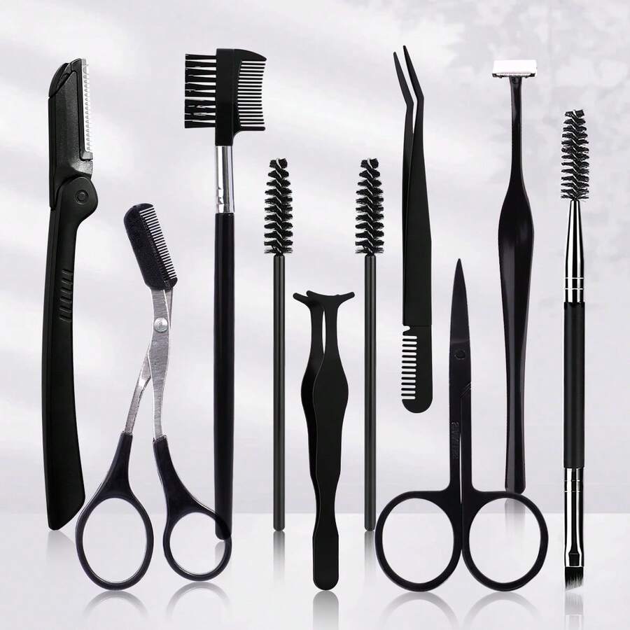 MONKIDS 6/10pcs Eyebrow Grooming Kit, Includes Eyebrow Scissors, Tweezers, Eyebrow Razor, Steel Comb, Scissors, Stainless Steel Eyebrow Trimmer, Micro-Distance Anti-Scratch Design, Makeup Tool Set Suitable For Beginners