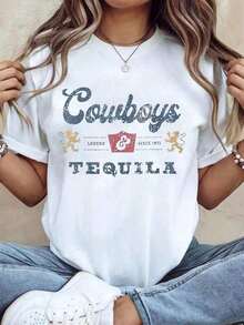 100% Cotton 1 Piece Cowboys And Tequila Short Sleeve Crew Neck T-Shirt, Casual, For Summer And Spring, Women's Clothing, G 100% Cotton Women's Simple Solid Color T-Shirt, Loose And Slim Fit Casual Short Sleeve - 白色的 - 查看 6