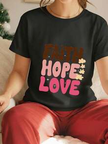 TrendyFaith Hope Love Breast Cancer Awareness T-Shirt With Pink Ribbon For Survivors And Warriors, 100% Cotton, Crew Neck, Retro Style, Groovy Aesthetic, With Inspirational Graphic, Supportive Gift For Women And Mothers - Everyday Wear. - 黑色 - 查看 7