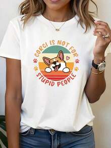 2026 New Cotton Shirt 100% Cotton T-Shirt With The Phrase "CORGI IS NOT STUPID PEOPLE", Short Sleeve, Round Neck, Casual Top For Summer And Spring, Women's Clothing. Women's Simple Solid Color Shirt, Loose And Casual Short Sleeve - 白色的 - 查看 7