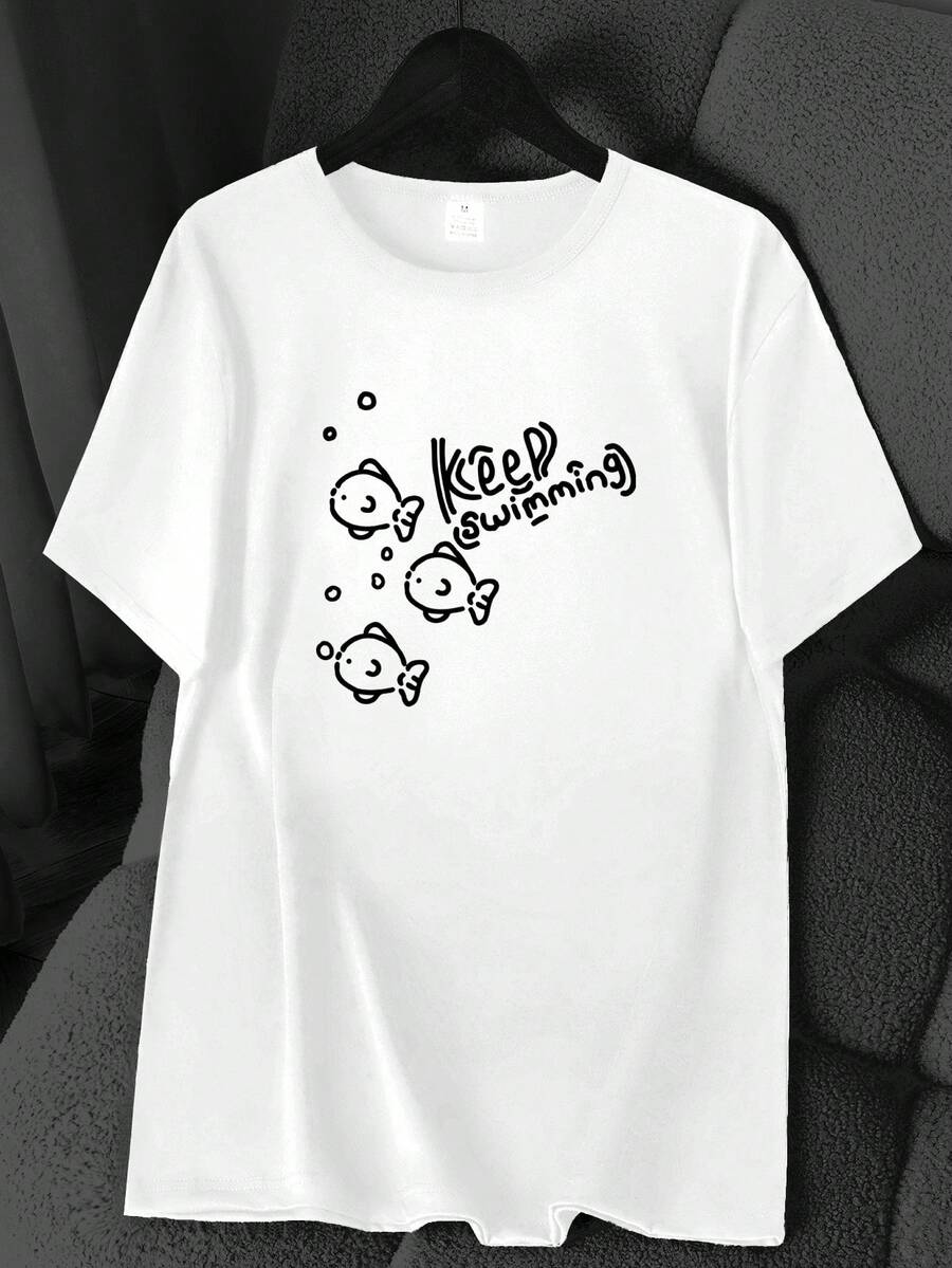 T-Shirt With A Fish And Water Bubble Print, "Keep Wimming." Available In 6 Colors, Short Sleeves, Round Neck, High Elasticity, Casual Sporty Style. Machine Washable. Suitable For Spring And Summer. Can Be Worn In All Seasons. Women's Clothing. Elegant Party Outfit, T-Shirt For Elegant Ladies, Blouses Suitable For Curvy Women, Casual Wear, Cool And Sweat-Free Summer Clothing, Fun Letter Print. - 白色 - 查看 1