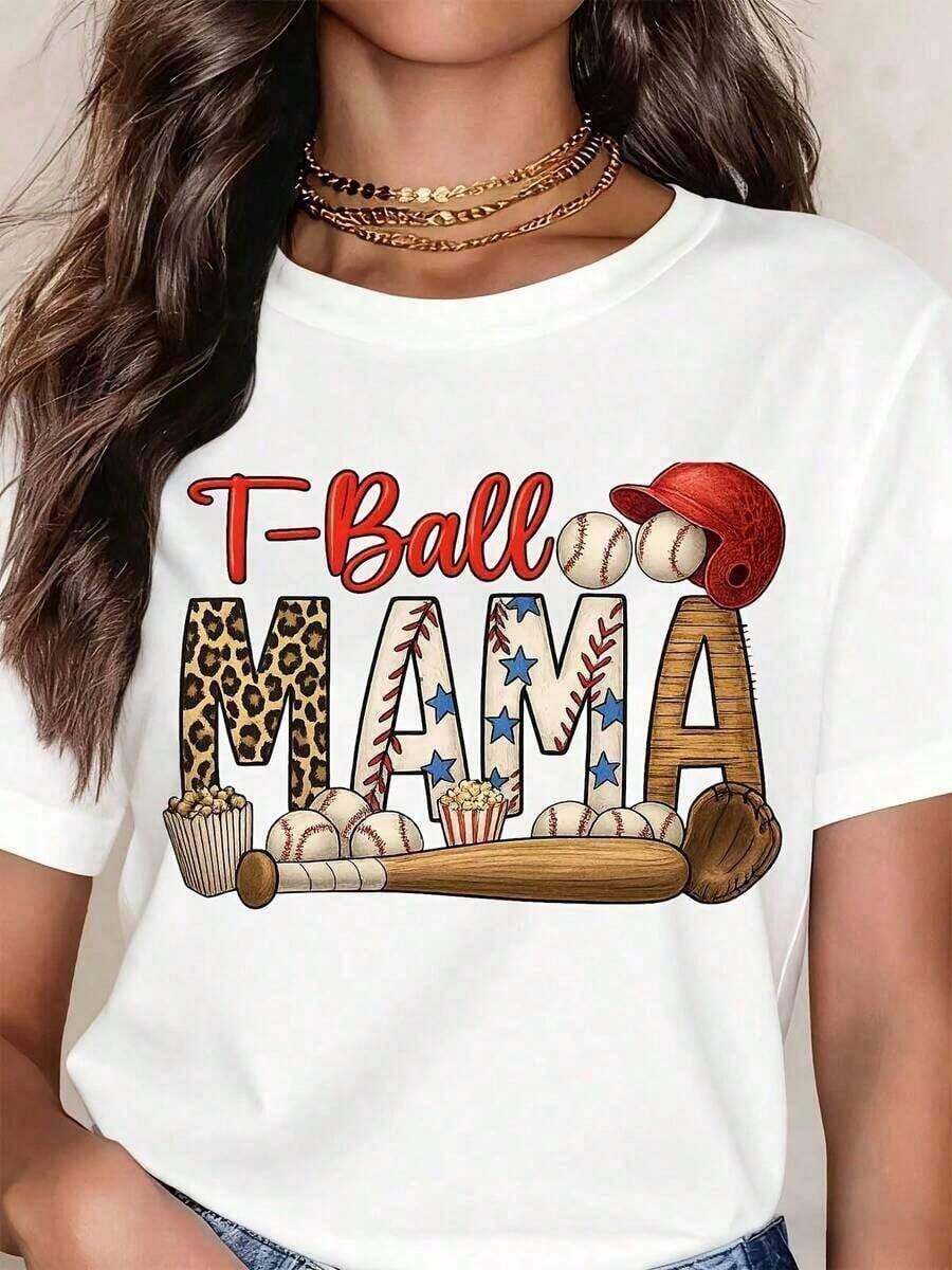 Camiseta de béisbol TBallMama para mujer, con diseño de estrellas y rayas de leopardo, estampado gráfico de béisbol, bate y pelotas, top casual 100% algodón.100% Cotton - Blanco - Ver 1