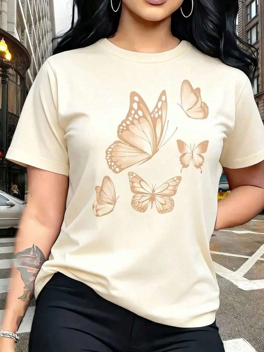 Women's Casual T-Shirt With Butterfly Motif - Sporty Casual Style, Short-Sleeved T-Shirt With Round Neck, Comfortable And Breathable, Fashionable, Easy To Match, Soft To The Touch, Printed Design, Creative Digital Print For Spring And Summer - Unisex Loose-Fitting Cotton T-Shirt With Short Sleeves And Round Neck, Urban Vintage Style. 100% Cotton - 杏 - 查看 1
