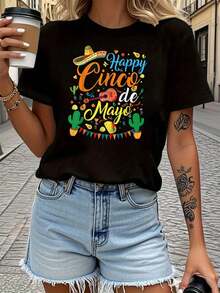 Women's Short-Sleeve Crew Neck T-Shirt With A Mexican Graphic Print Of "Happy Cinco De Mayo," Perfect For Casual Outings, Holiday Gifts, Get-Togethers With Friends, Music Festivals, And Vacation Outfits. A  Summer Cotton T-Shirt. - 黑色 - 查看 1