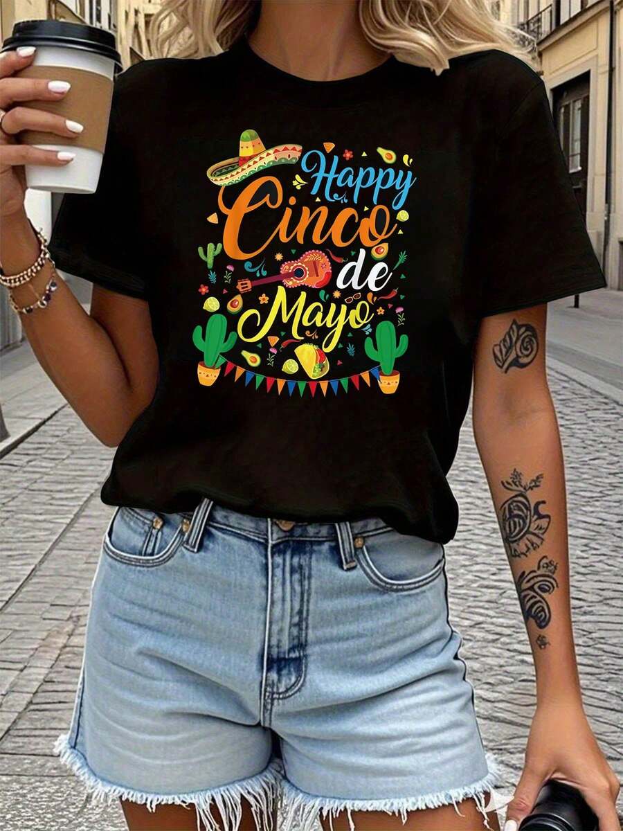 Women's Short-Sleeve Crew Neck T-Shirt With A Mexican Graphic Print Of "Happy Cinco De Mayo," Perfect For Casual Outings, Holiday Gifts, Get-Togethers With Friends, Music Festivals, And Vacation Outfits. A  Summer Cotton T-Shirt. - 黑色 - 查看 1
