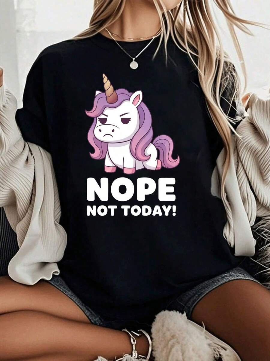 Women's Short-Sleeved T-Shirt With Unicorn Print And The Phrase "NOPE NOT TODAY", Casual Black Round Neck T-Shirt, Elastic, Machine Washable, Suitable For Spring/Summer/Autumn. - 黑色 - 查看 1