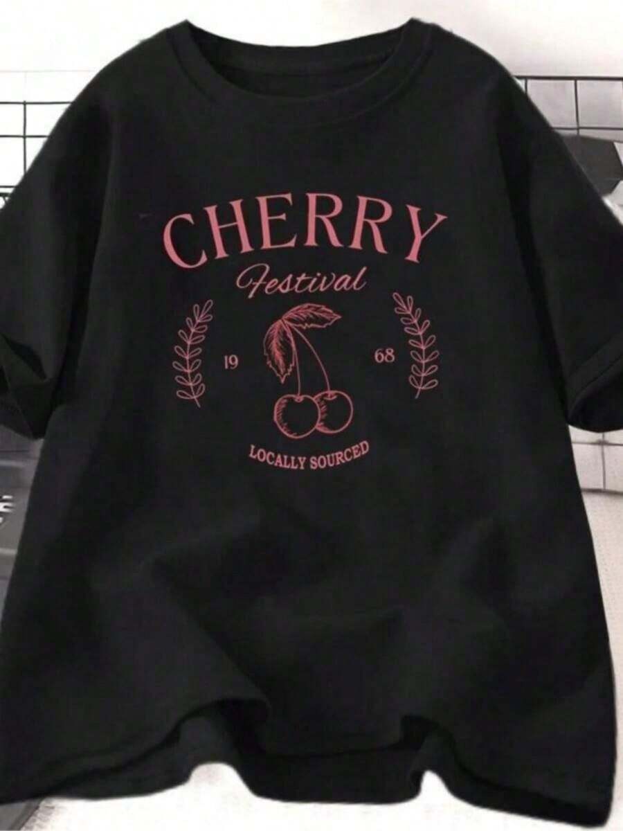 Printed T-Shirts For Women, Plus-Size Streetwear Tops, Comfortable And Stylish Summer Tees That Go With Everything. Vintage Cherry T-Shirt For Women, Cherry Festival T-Shirt, Summer Fruit Print Tees, Casual Short-Sleeve Tees, Y2K Graphic Tees. - 黑色 - 查看 1