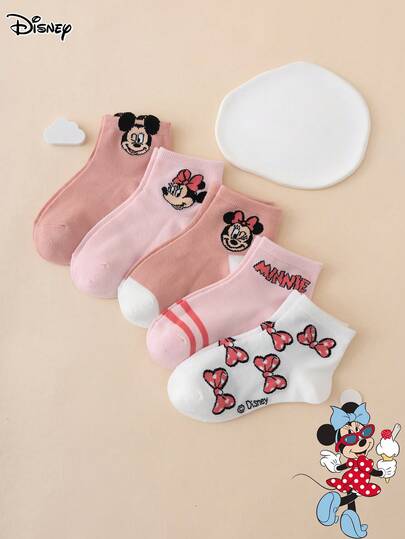 Disney 5双装迪士尼系列袜子，米奇、米妮，条纹、字母、蝴蝶结设计，可爱卡通儿童船袜，运动袜，四季皆宜，欧美尺码，舒适透气耐穿，色彩鲜艳，适合日常穿着，优质面料，不闷热