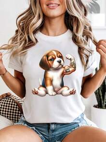Women's "Love Mom" T-Shirt, Funny Graphic Tee With Beagle Puppy Tattoos, Cute Casual Garment For Dog Lovers And Moms - 白色 - 查看 1