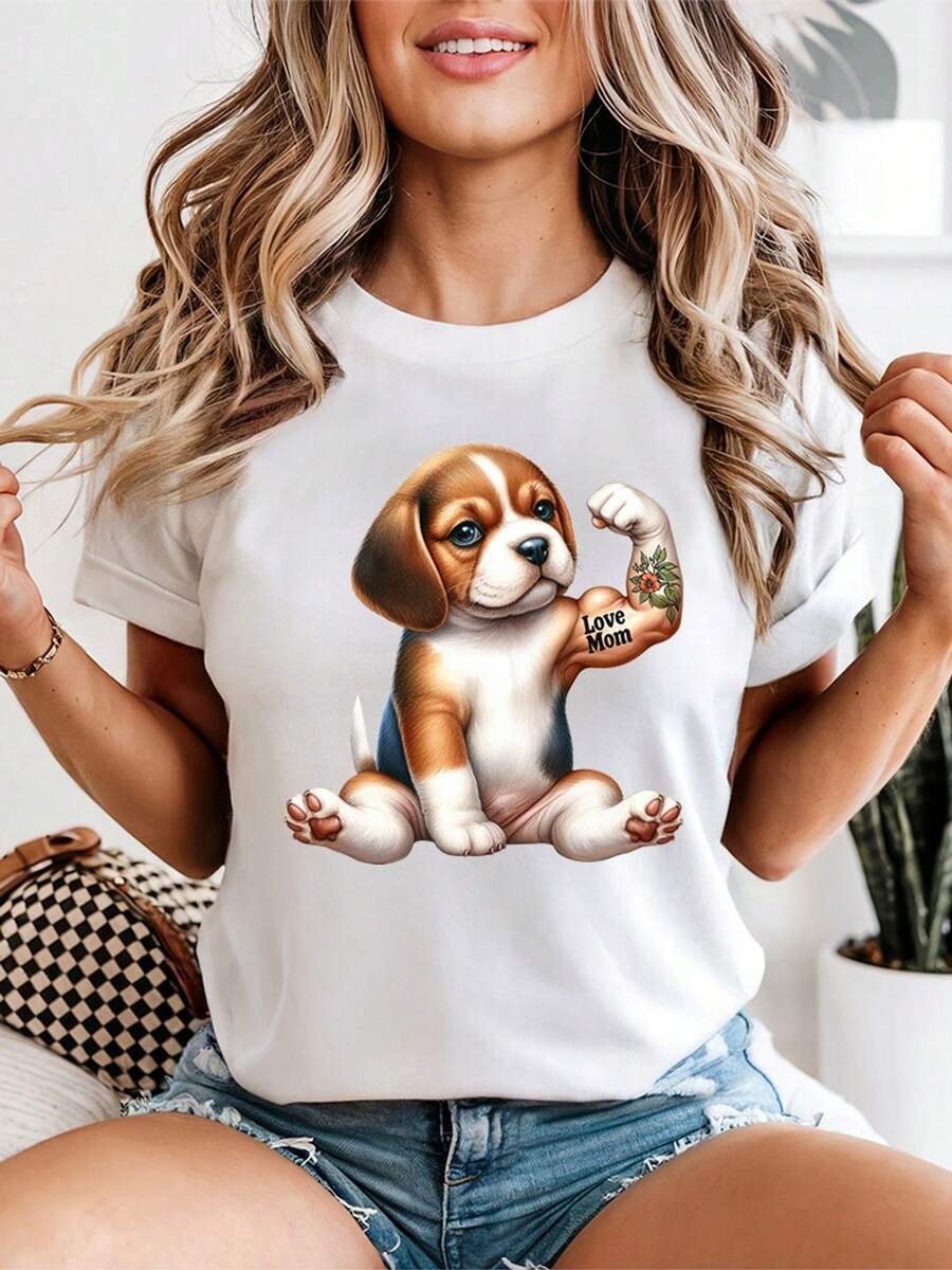 Women's "Love Mom" T-Shirt, Funny Graphic Tee With Beagle Puppy Tattoos, Cute Casual Garment For Dog Lovers And Moms - 白色 - 查看 1