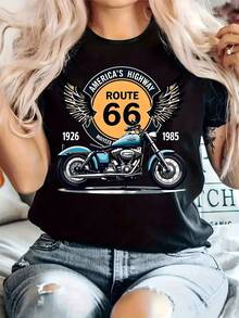 Women's  Vintage Motorcycle Graphic T-Shirt - Comfortable, Stretchy, Casual, American Retro Style T-Shirt With Short Sleeves And A Round Neck, Perfect For Spring/Summer, Eye-Catching Print, Flexible Fabric, A Summer Wardrobe Essential - [] - 查看 1