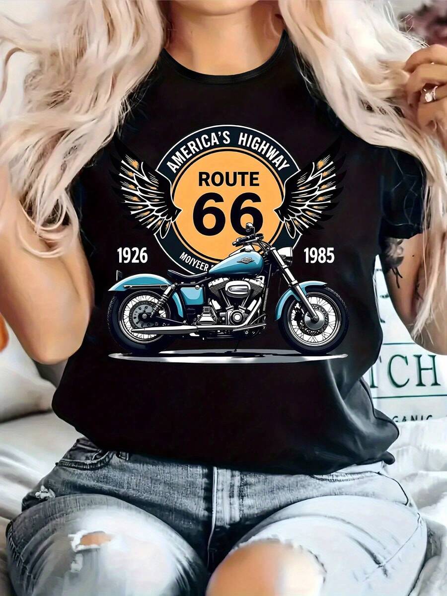 Women's  Vintage Motorcycle Graphic T-Shirt - Comfortable, Stretchy, Casual, American Retro Style T-Shirt With Short Sleeves And A Round Neck, Perfect For Spring/Summer, Eye-Catching Print, Flexible Fabric, A Summer Wardrobe Essential - [] - 查看 1