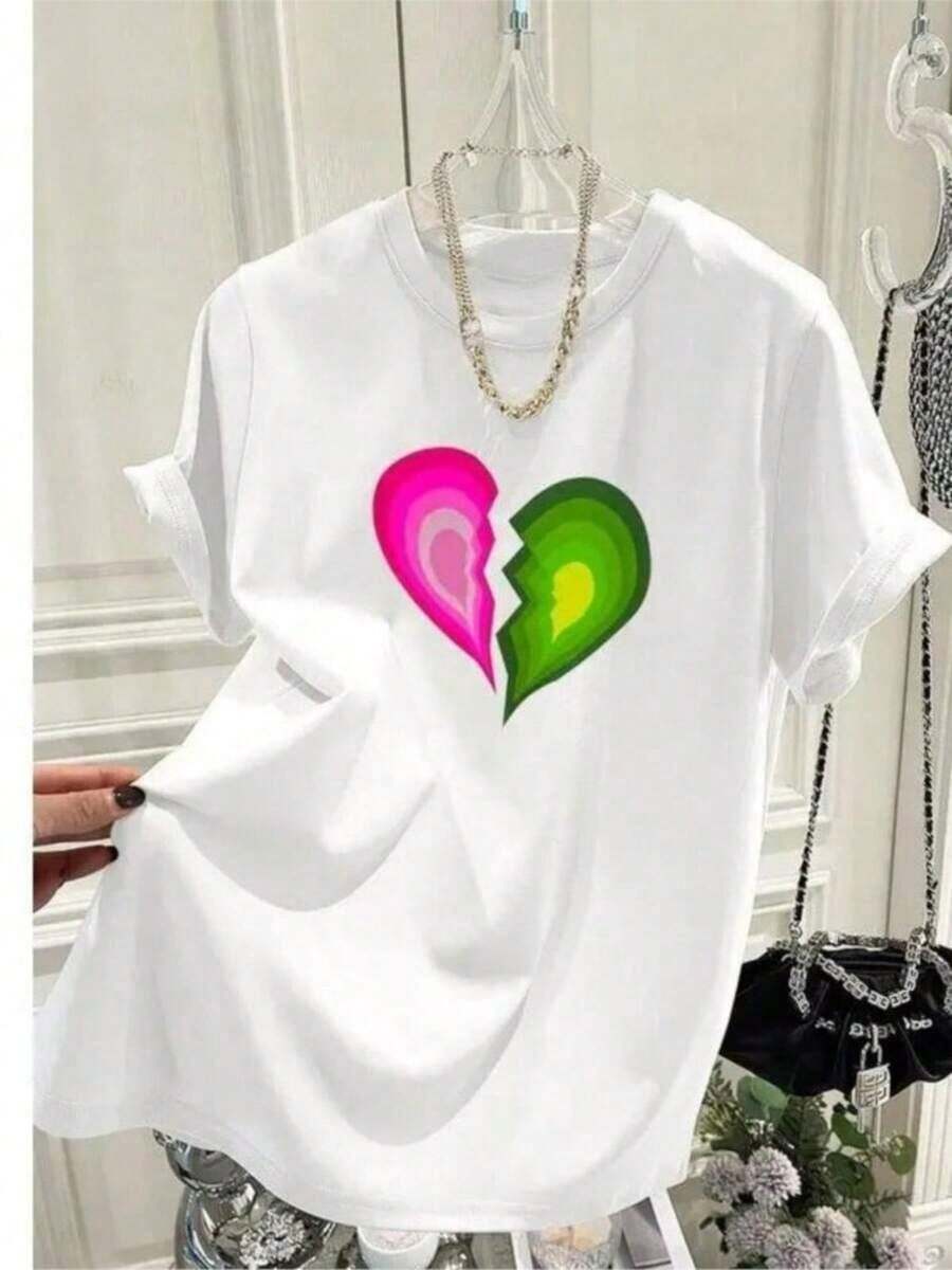 Women's Clothing, Fashionable T-Shirts With Hand-Painted Love Print, Summer Round Neck Short Sleeve T-Shirts, Pure Basic Tops For Office, Graphic Style Y2K Suitable As A Gift. Women's T-Shirt. Blouses>Elegant. Boho Chic, Soft, Breathable And Comfortable Women's Top, Ideal For Spring, Summer And Autumn, Perfect For Vacation, Travel And Everyday Wear. - 白色的 - 查看 1