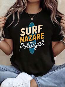 Camiseta Estampada para Mujer - Camiseta Casual Negra de Manga Corta y Cuello Redondo con Colorido Gráfico de Surf, Corte Relajado para Todas las Estaciones, Perfecta para el Uso Diario y Atuendos de Vacaciones (Lavable aáquina) - Diseño para Mujeres de Piel Clara. - Negro - Ver 1
