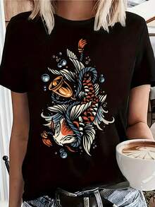 Camiseta Estampada para Mujer con Diseño de Tatuaje de - Camiseta Casual de Manga Corta y Cuello Redondo, Corte Relajado para Todas las Estaciones, Perfecta para el Uso Diario o Atuendos de Vacaciones (Lavable aáquina), Estilo Chic para Mujeres con Cabello Rubio. - Negro - Ver 1