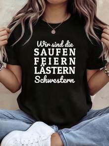 Women's T-Shirt With Letter Print "We Are The Drinking Celebrating Sinning Sisters", Short Sleeve, Round Neck, Casual Style For Summer And Spring, Women's Clothing, Casual Printed T-Shirt, Short Sleeve And Round Neck, Local Urban Fashion For Spring/Summer. - 黑色 - 查看 1