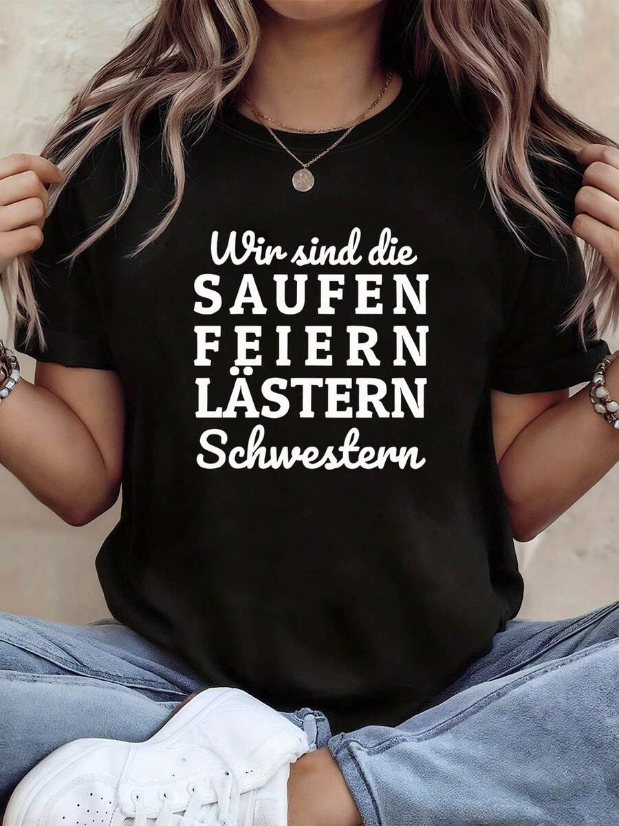 Women's T-Shirt With Letter Print "We Are The Drinking Celebrating Sinning Sisters", Short Sleeve, Round Neck, Casual Style For Summer And Spring, Women's Clothing, Casual Printed T-Shirt, Short Sleeve And Round Neck, Local Urban Fashion For Spring/Summer. - 黑色 - 查看 1