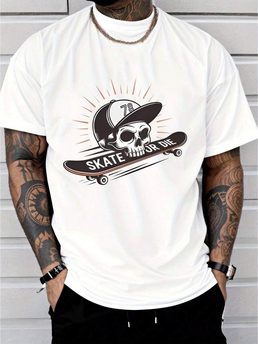 Men's Casual Crew Neck T-Shirt, Designed With A Modern Urban Style, Featuring A Skull Under A Hat, The Number 78, The Words "Skate Or Die," And A Sunburst Pattern. Perfect For Adults Who Enjoy Casual Wear, Streetwear, And Skateboarding. - 白色 - 查看 1