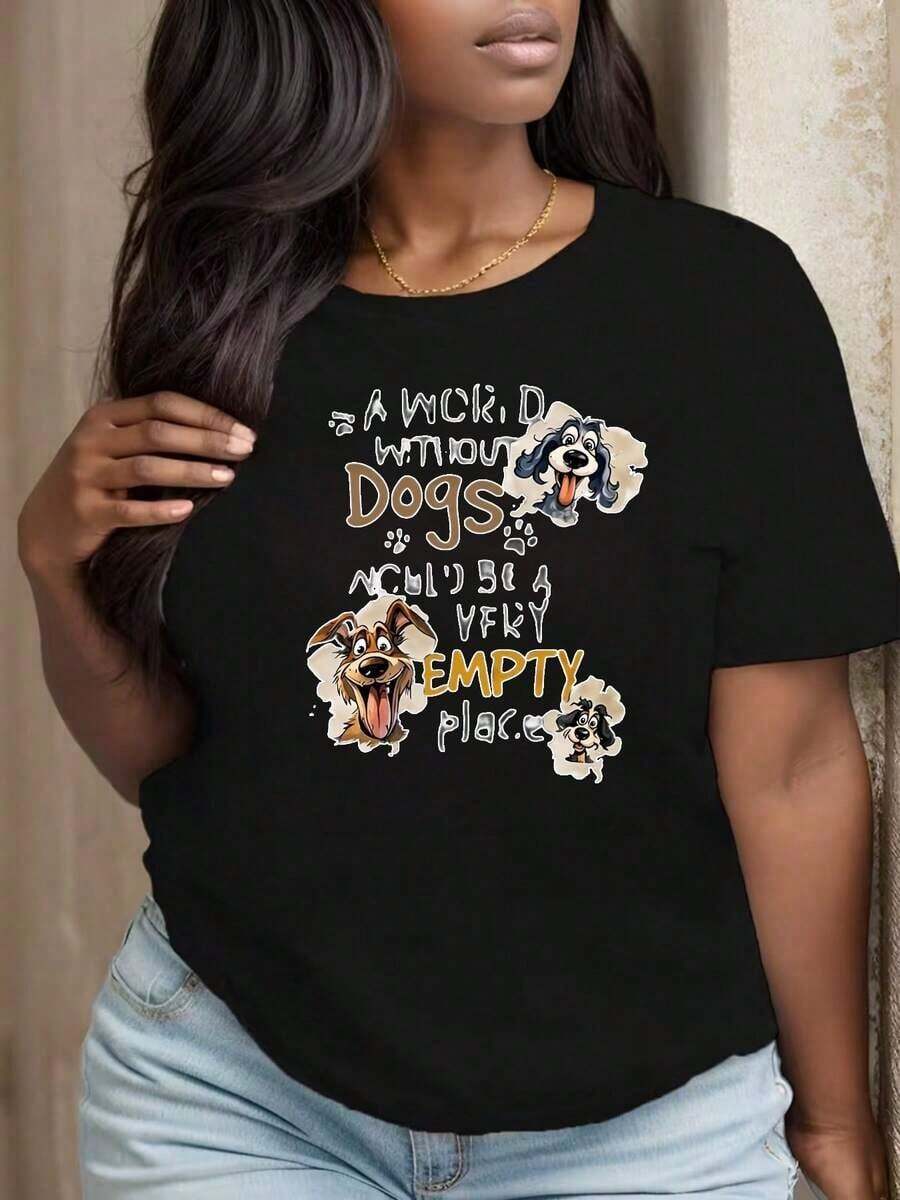 New 2026 Collection: Women's Cotton T-Shirt, Round Neck, Printed, "A World Without Dogs Would Be A Very Empty Place", Clothing For Parties And Festivals - 黑色 - 查看 1