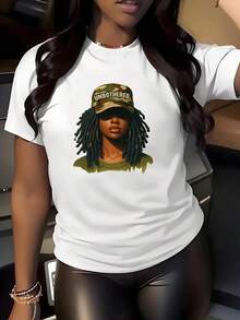 Hustler Women's Casual Sports T-Shirt With Digital Illustration Design - Elastic Crew Neck T-Shirt, Machine Washable, Comfortable Fit For All Seasons, Casual Style For Women, Modern Graphic. - 白色 - 查看 1