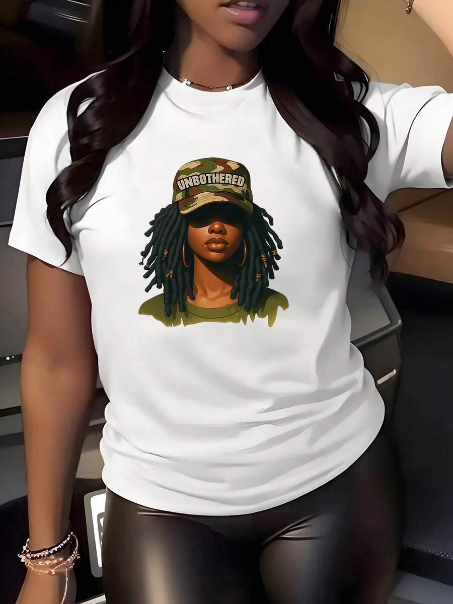 Hustler Women's Casual Sports T-Shirt With Digital Illustration Design - Elastic Crew Neck T-Shirt, Machine Washable, Comfortable Fit For All Seasons, Casual Style For Women, Modern Graphic. - 白色 - 查看 1
