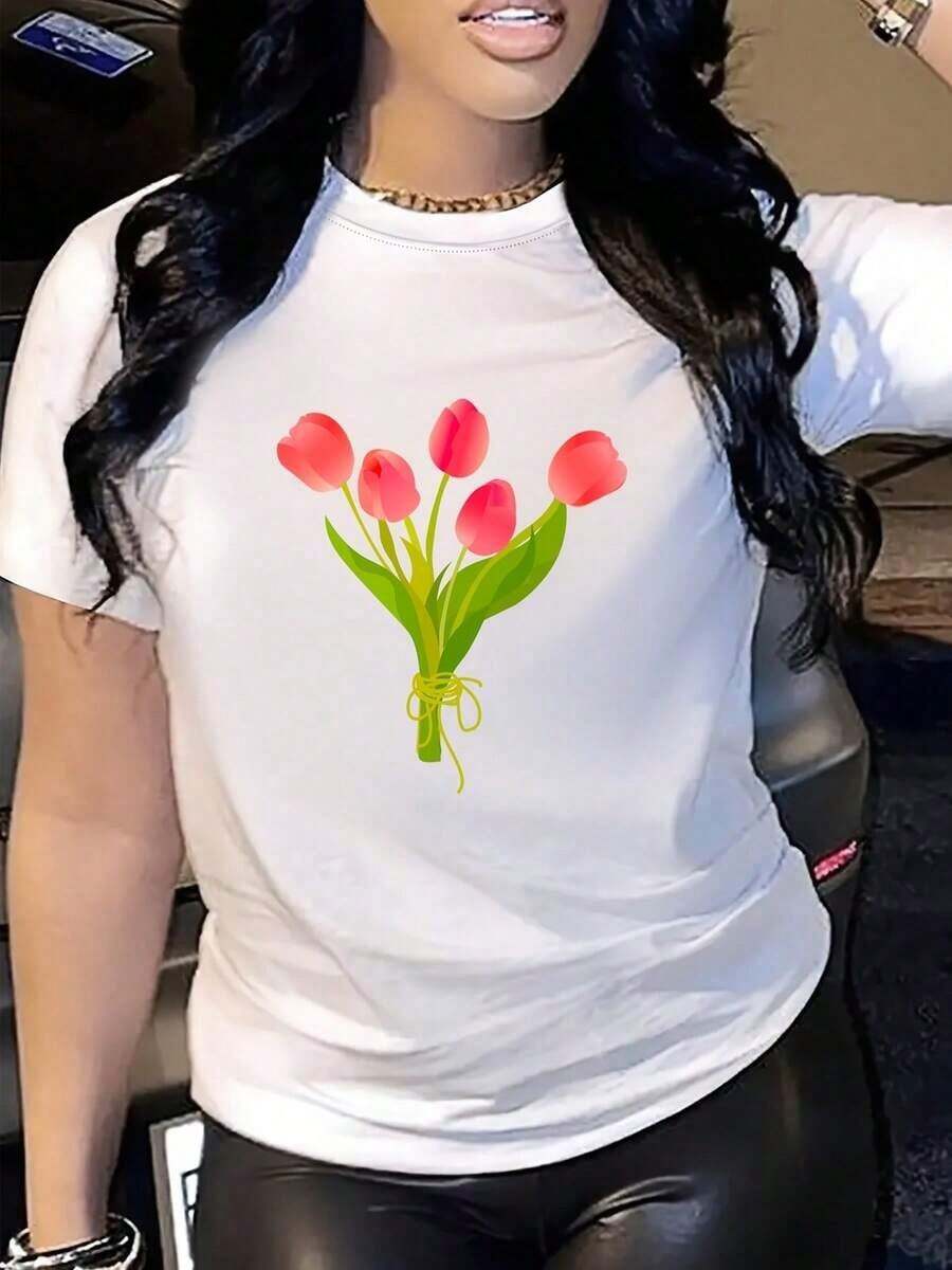 Women's Casual Cotton Camisole With A Beautiful Floral Bouquet Print, Round Neck, Short Sleeves, And A Versatile Design, Perfect For Summer. Suitable As A Gift. Women's T-Shirt. Blouses > Elegant. Boho Chic. Soft, Breathable, And Comfortable Women's Top, Ideal For Spring, Summer, And Fall, Perfect For Vacations, Travel, And Everyday Wear. - 白色的 - 查看 1