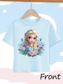 [Authorized] Frozen Princess Elsa Print Disney Girls' Summer Round Neck Casual T-Shirt For Children, Slightly Stretchy Fabric, Suitable For Birthday Gifts, Suitable For Daily Sports And Travel, Summer Girls' T-Shirts - Màu xanh nhạt - Xem 2