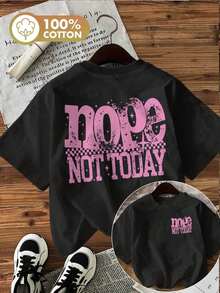 | Exquisite Design | Loose And Comfortable | Easy To Match | [Double-Sided Print] Women's Spring/Summer T-Shirt, Vintage Style, "Nope Not Today" Letter And Star Print, Pure Cotton, Casual Daily Wear, Short Sleeve, Round Neck, Women's T-Shirt - 黑色 - 查看 7