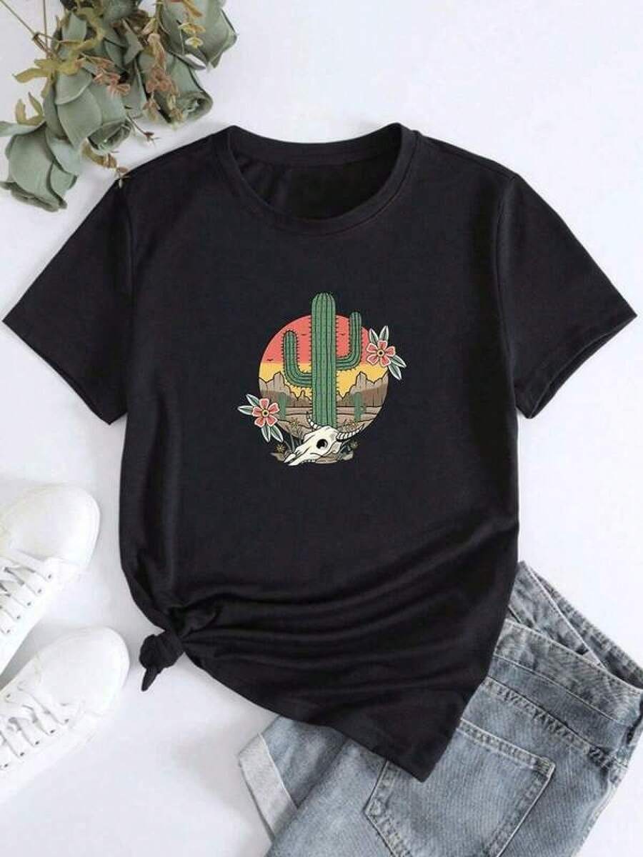 1pc Camisetas Para Mujer T-shirt única diseño cactus y calaverita inspirado en la cultura mexicana estilo y2k ideal para resaltar tu personalidad y estilo fresco perfecta para cualquier ocasión comodidad y moda a la vez Camiseta De Manga Corta De Algodón - Negro - Ver 1