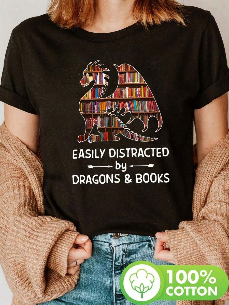 Dragon And Books Print T-Shirt, Short Sleeve, Round Neck, Casual Style For Spring And Summer, Women's Clothing - Black - View 1