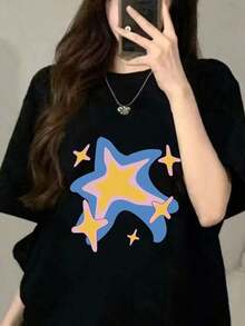 New Summer 2026 Pure Cotton T-Shirt, Women's Short Sleeve, Unique Design Print, Loose Fit Mid-Sleeve Top For Students - Vintage Street Style, Unisex, Loose Fit Cotton, Short Sleeve, Round Neck, 100% Cotton, Soft Fabric, Short Sleeve. - 黑色 - 查看 5