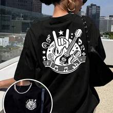 New 2026 Collection: Women's Cotton T-Shirt With Front And Back Print, Rock Music And Guitar Design, Round Neck, Short Sleeve, Casual And Modern Style, Suitable For Fitness And Daily Wear In All Seasons, Top With Fun Print Design. - 黑色 - 查看 7