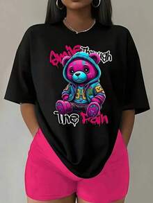 1 Pieza Camiseta Unisex Holgada 180g 100% Algodón Puro, Camiseta única con diseño de osito urbano en colores vibrantes y estilo y2k ideal para destacar tu personalidad. Perfecta para un look casual y moderno, combina comodidad y  en una sola prenda. ¡Atrévete a lucirla y sé el centro de atención! Cómoda y versátil para escuela, trabajo, salidas y eventos casuales - Negro - Ver 6