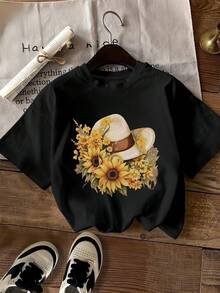 Women's T-Shirt With Sunflower Hat Print, Fashionable Short Sleeve Casual Sweatshirt, Women's Round Neck T-Shirt. - 黑色 - 查看 1
