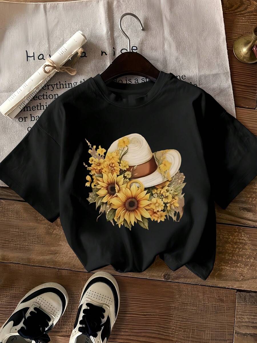 Women's T-Shirt With Sunflower Hat Print, Fashionable Short Sleeve Casual Sweatshirt, Women's Round Neck T-Shirt. - 黑色 - 查看 1