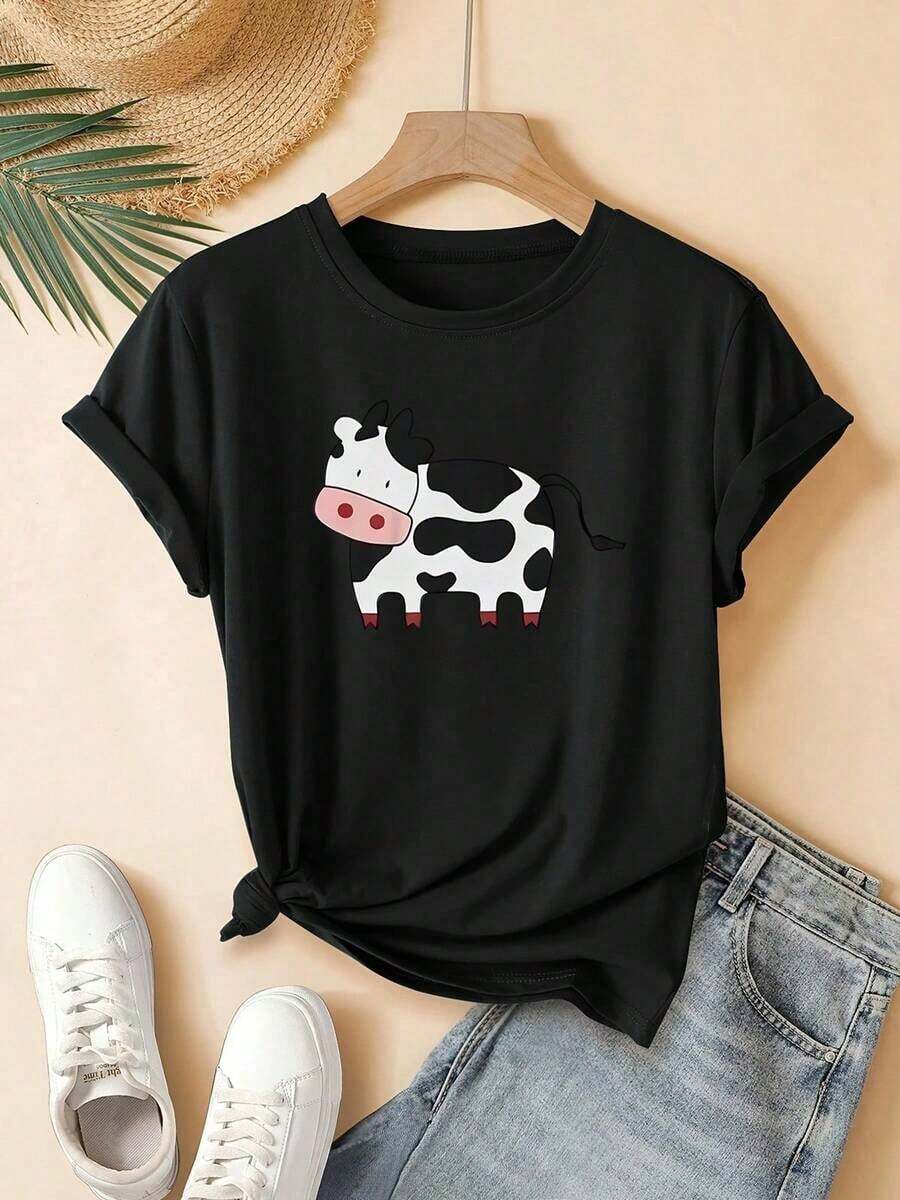 Women's T-Shirt With A Cow Print, Featuring A Modern And Attractive Design, Short Sleeves, And A Round Neck, Perfect For Young Women. Machine Washable And Suitable For Everyday Casual Streetwear. An Ideal Gift Option For Home And Office Wear. - 黑色 - 查看 1