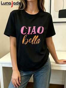 Pure Cotton Women's Casual Plus Size T-Shirt Soft Comfortable Sexy Streetwear Ciao Bella Printed Crew Neck T-Shirt Doesn't Deform Elegant Spring/Summer Short Sleeve Hello Bella - 黑色 - 查看 1